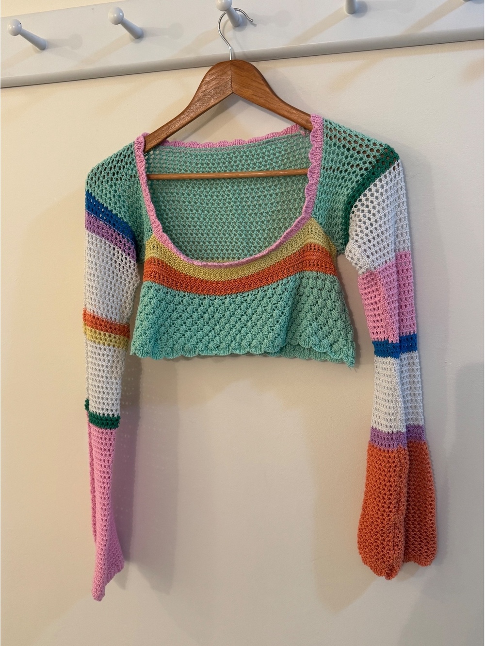 Colorful Crocheted Long Sleeve Crop Top Size Small